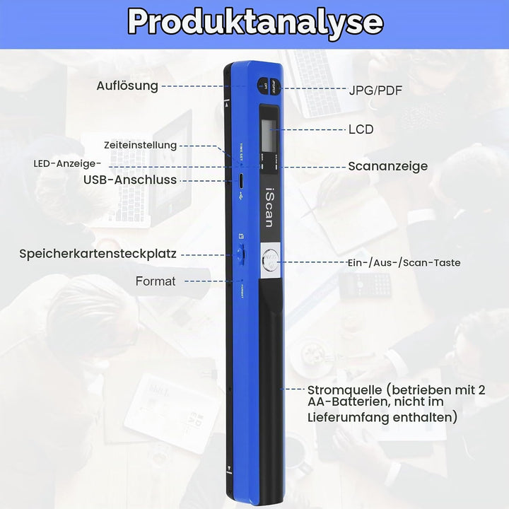 AOZBZ Tragbarer Dokumentenscanner Blau 900 DPI Handlicher USB-Bildscanner A4 Farbfoto Mobiler Scanne