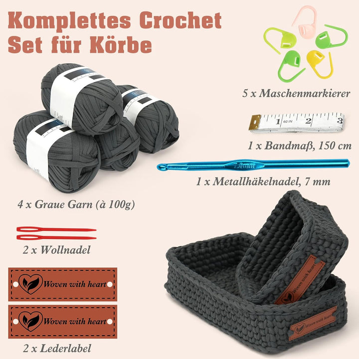 OSTWOLKE Häkelset für Anfänger, Komplettes Häkel Set, Korb Crochet Set mit Häkelnadel & Textilgarn &