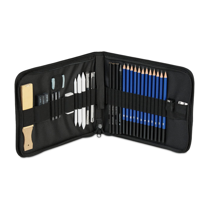 Relaxdays Zeichenset Bleistift 33-teilig, 12 Härtegrade, Kohlestifte, Graphitstifte, Radiergummis, S