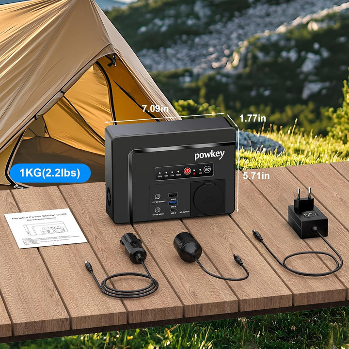 Powkey Tragbare Powerstation 26400mAh/97.68Wh Powerbank Steckdose mit 100W/230V AC Ausgang, 12V 8A D