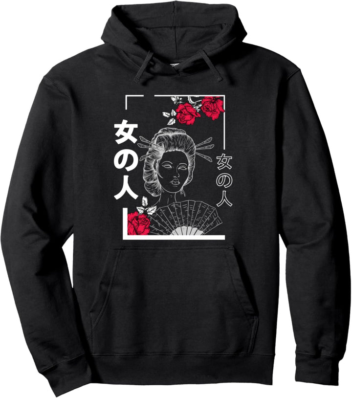 Geisha Roses Japanese Aesthetic Harajuku Grunge Girl Women Pullover Hoodie