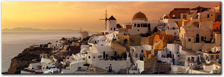 Bilderdepot24 Bild auf Leinwand | Santorini im Abendrot in 160x50 cm als Panorama Wandbild XXL | Wan