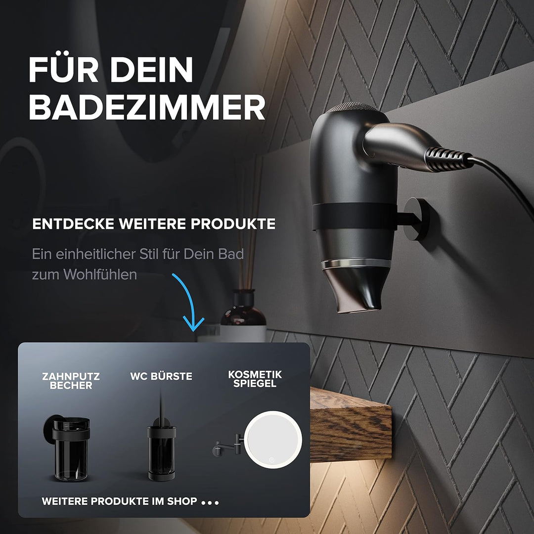 Haartrocknerhalter Kvitoya | Edelstahl | schwarz matt | mit Wandmontage zum Bohren | mit Fönpolsteru