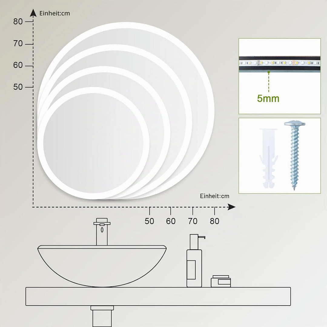 Youyijia Spiegel LED-Badspiegel Rund 70cm Mit Beleuchtung, Touch-Schalter, Dimmbar, 3 Lichtfarben, B