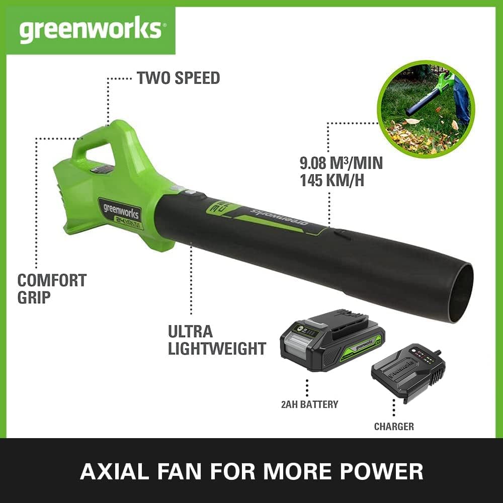 Greenworks G24ABIIK2 Axial Akku Laubbläser, 145 km/h, 9,08 m³/min 24V Akku & Ladegerät, 3 Jahre Gara