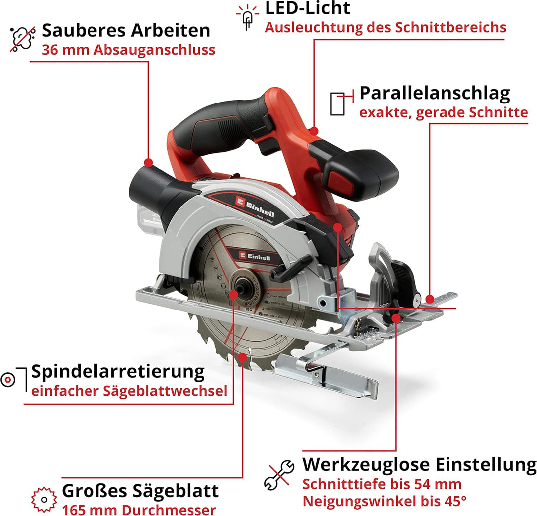 Einhell Akku-Handkreissäge TE-CS 18/165-1 Li-Solo Power X-Change (18 V, Li-Ion, Ø165 x Ø20 mm Sägebl