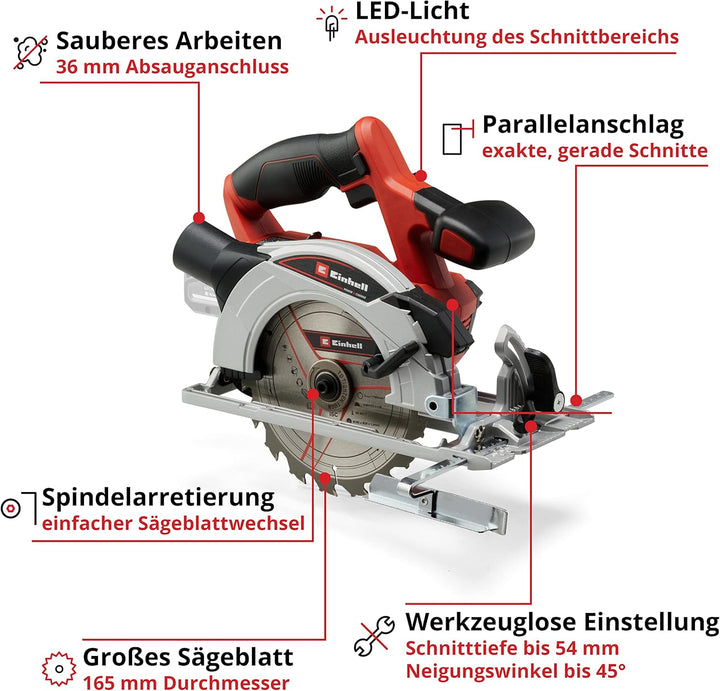 Einhell Akku-Handkreissäge TE-CS 18/165-1 Li-Solo Power X-Change (18 V, Li-Ion, Ø165 x Ø20 mm Sägebl