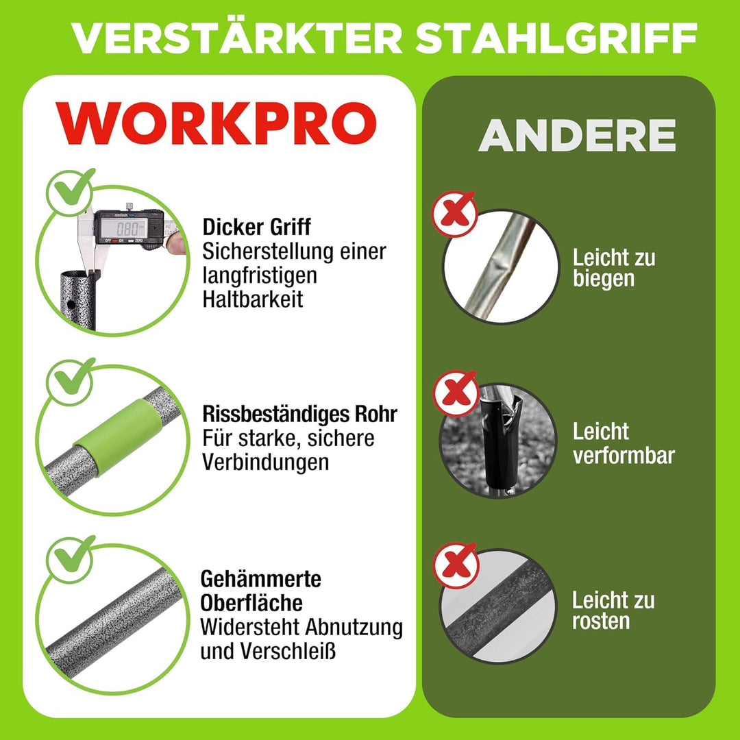 WORKPRO Bogenrechen Garten mit Stiel, 17 Zinken Rechen, Verstellbare & Abnehmbare Harke 86–165 cm, S