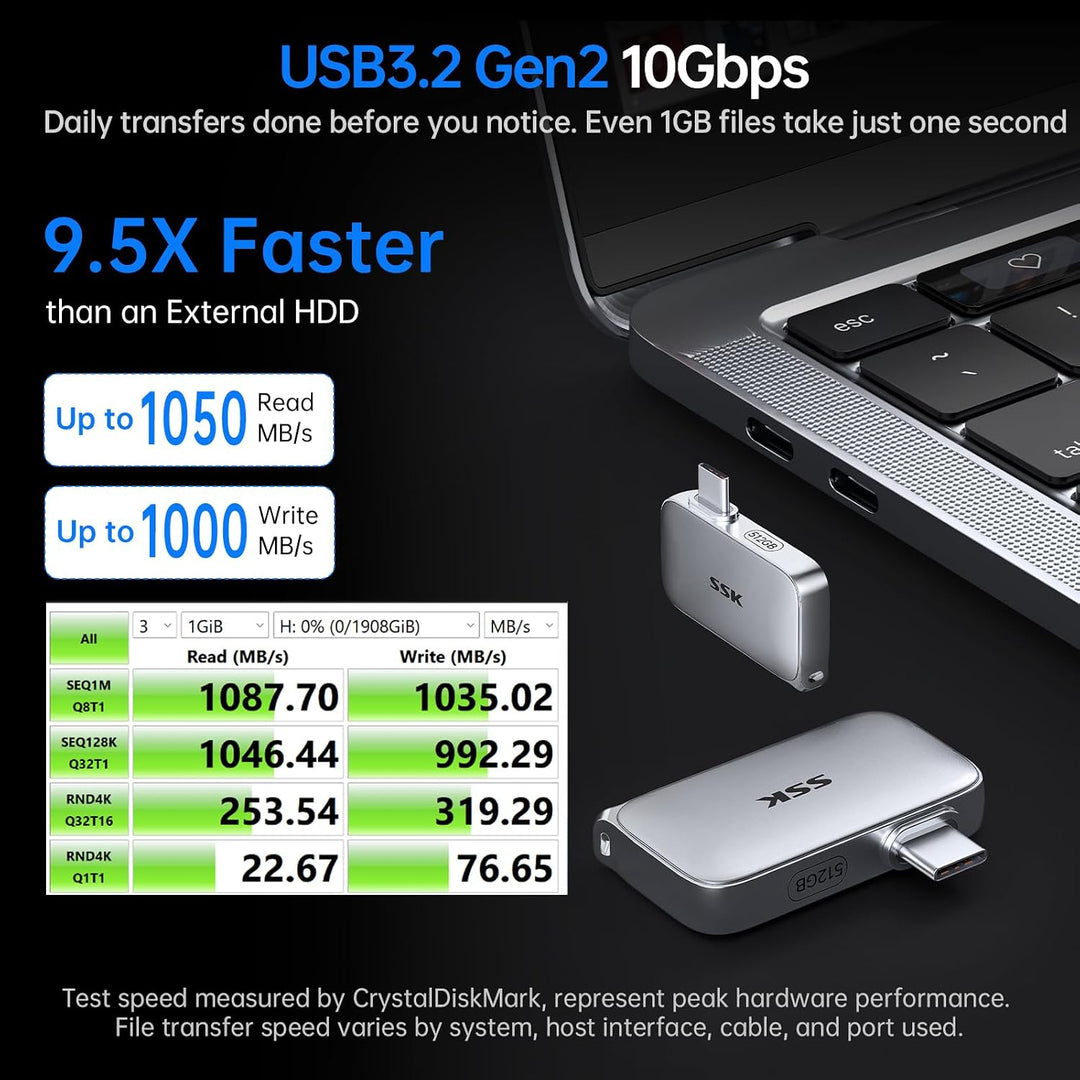 SSK 2TB Externe SSD, USB-C Portable SSD Festplatte Extern bis zu 1050MB/s | USB3.2 Gen2 Plug‑&amp;‑Play,