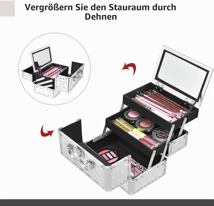 HOMASIS Kosmetikkoffer mit Spiegel, Mini Schminkkoffer mit 3 Ebenen, tragbarer Beauty Case mit Griff