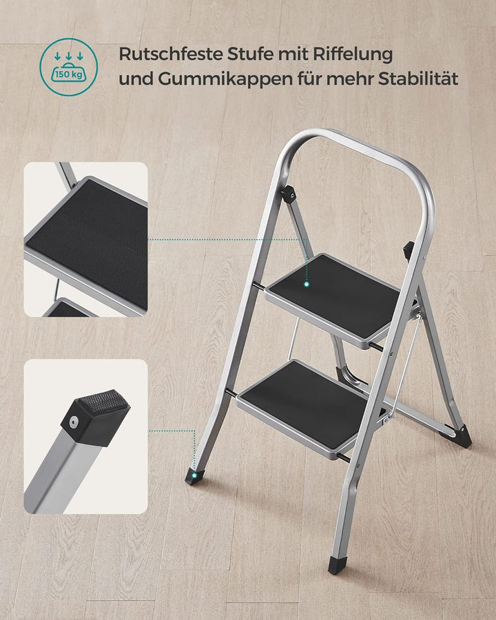 SONGMICS Trittleiter, Leiter mit 2 Stufen, Klapptritt, Klappsicherung, einfach zu verstauen, bis 150