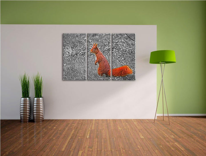 kleines Eichhörnchen auf Waldboden schwarz/weiss Spezial 3-Teiler Leinwandbild 120x80 Bild auf Leinw