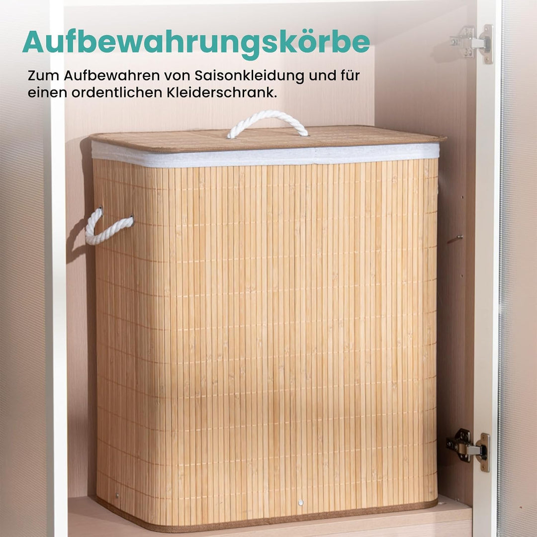 TONYBASKET 105L Bambus Wäschekorb 2 Fächern Wäschesammler mit Deckel | 53x33x60cm Faltbarer Praktisc
