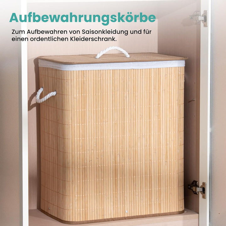 TONYBASKET 105L Bambus Wäschekorb 2 Fächern Wäschesammler mit Deckel | 53x33x60cm Faltbarer Praktisc