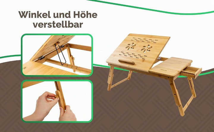 MOVADEK Laptoptisch aus Bambus, höhenverstellbar & klappbar, Betttisch & Notebooktisch mit Schublade