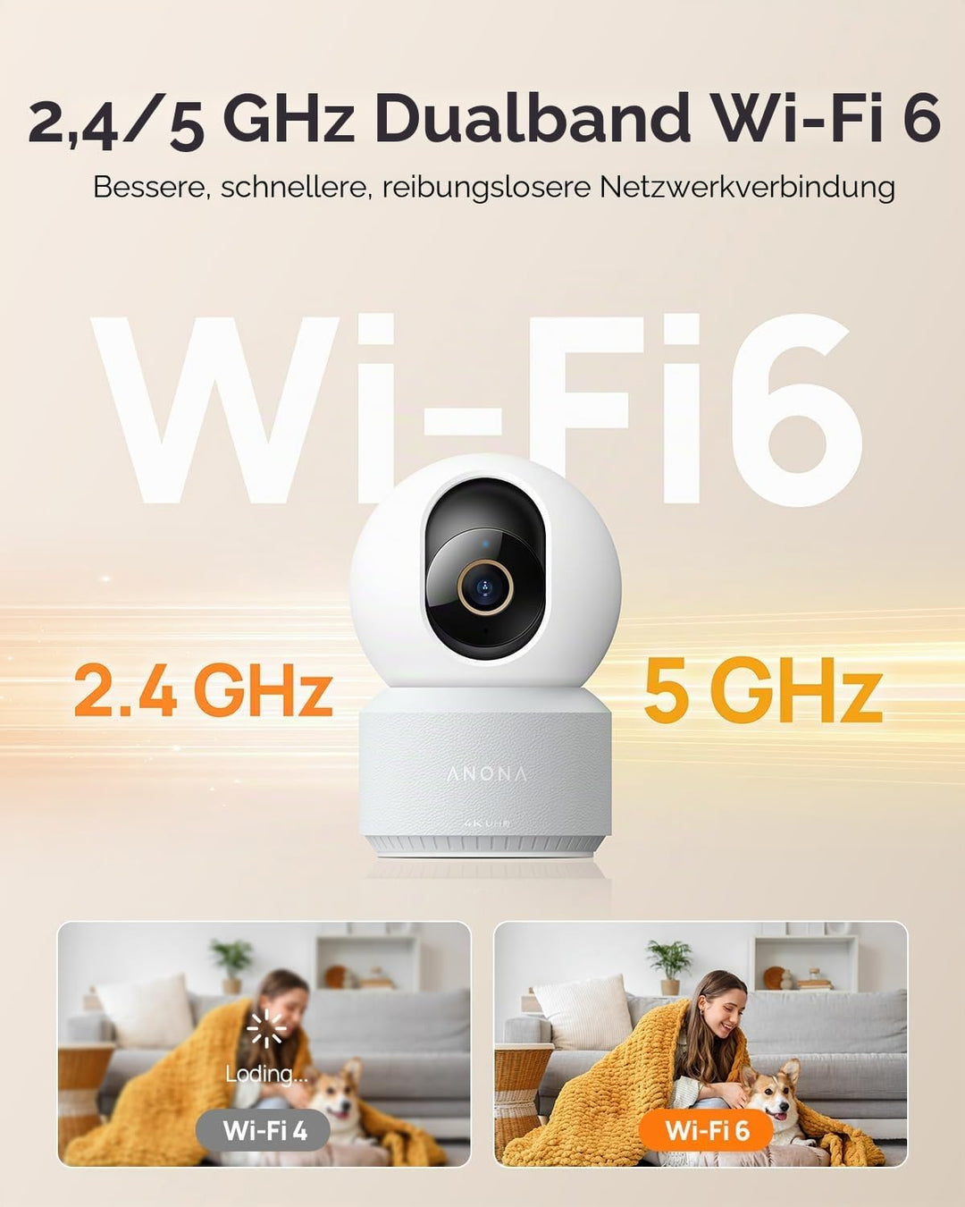 Anona Pano 4K Innenkamera mit 64 GB SD-Karte. Baby-/Haustierüberwachung per App, 360° Schwenk/Neige,