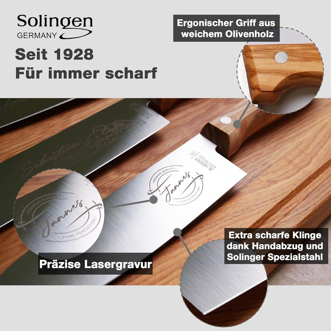 personalisiertes Premium Messer-Set von H. Herder mit Gravur – 4-teilig (Santoku, Nakiri, Koch- & Br