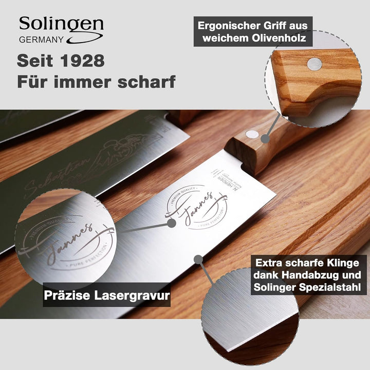 personalisiertes Premium Messer-Set von H. Herder mit Gravur – 4-teilig (Santoku, Nakiri, Koch- & Br