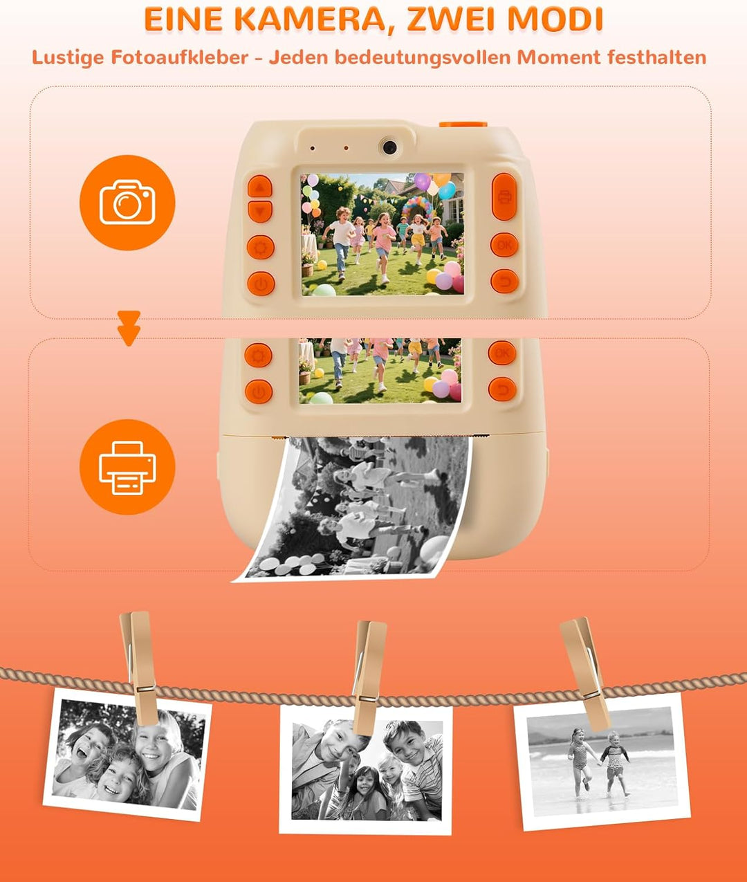 Sofortbildkamera für Kinder, 12 MP/1080P Digitalkamera für Kinder mit 32 G Karte und 3 Papierrollen,
