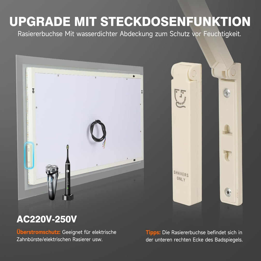YOLEO Badspiegel mit Beleuchtung 80x60cm, Wandspiegel mit Steckdose, Badezimmerspiegel LED mit Touch