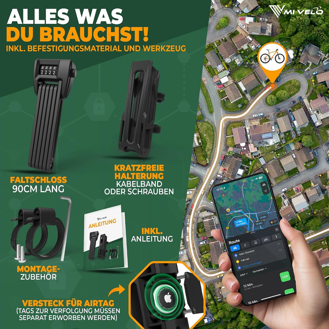 MIVELO Fahrradschloss Faltschloss mit AirTag Geheimfach I Zahlenschloss Fahrrad inkl. Halterung - Fa
