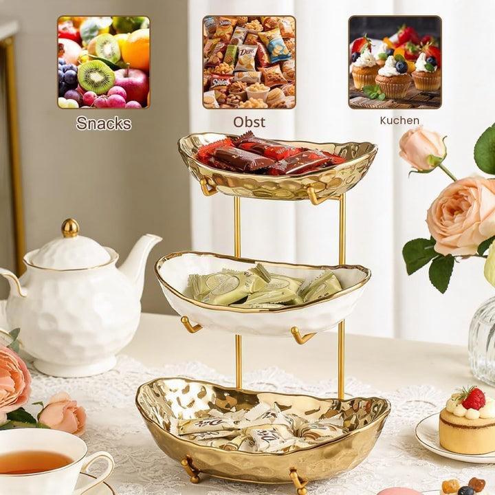 3-Schicht Obstschale Keramik mit Metallgestell, Obstschale Etagere, Elegante Etagere zum Servieren v