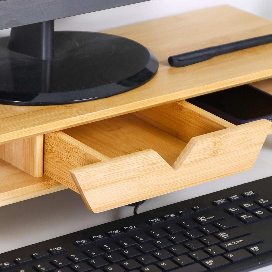 Relaxdays Monitorständer, 2 Fächer &amp; Schublade, HBT: 13 x 62 x 20,5 cm, Bambus, Schreibtisch, Bildsc