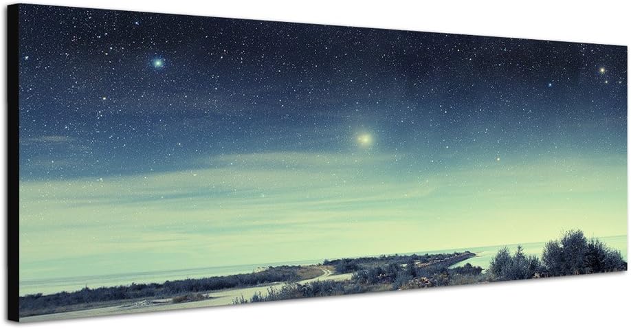 Paul Sinus Art Panoramabild auf Leinwand und Keilrahmen 150x50cm Küste Meer Nacht Himmel Sterne