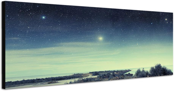 Paul Sinus Art Panoramabild auf Leinwand und Keilrahmen 150x50cm Küste Meer Nacht Himmel Sterne
