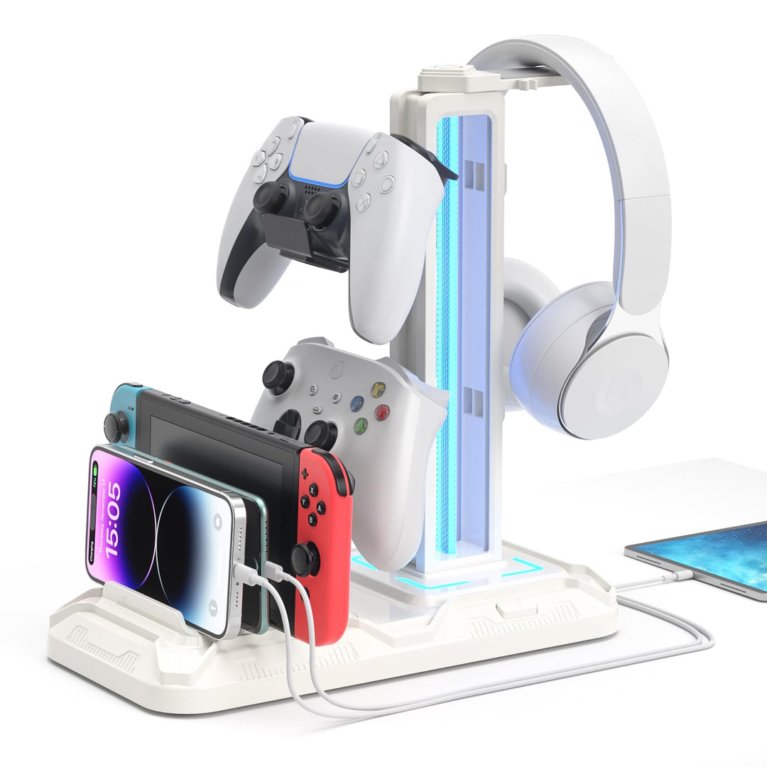 KDD Headset Halterung Led mit Ladestation - PS5 Controller Halter & Kopfhörer Ständer Tisch mit 9 Li