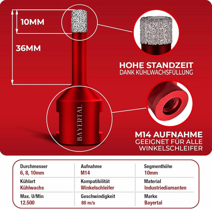 Fliesenbohrer Set 3tlg. 6, 8, 10 mm, M14 Premium – Diamantbohrer für harte Fliesen und Feinsteinzeug