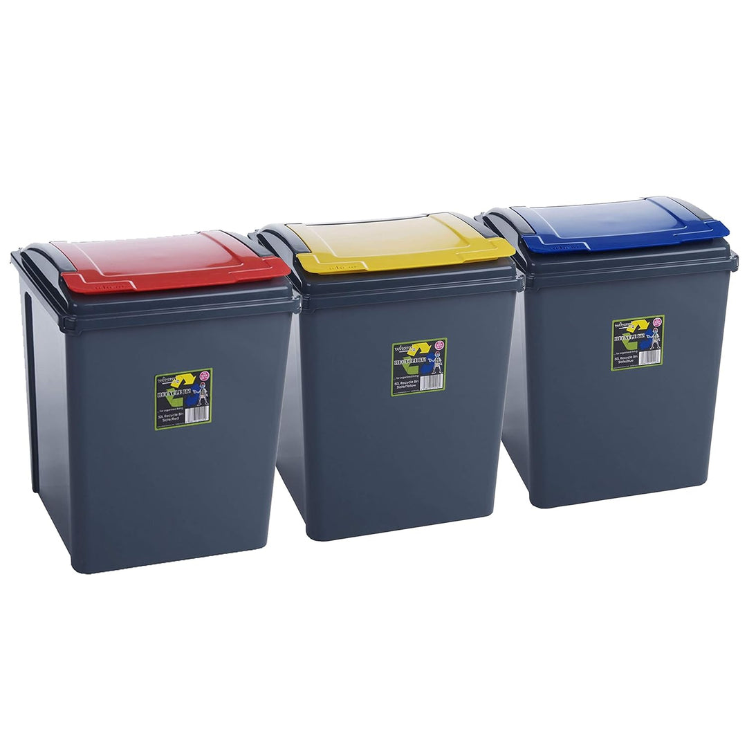 3 Stück Mülleimer mit Deckel 50 Liter - GELB ROT BLAU - Recycling Mülltrennung Abfalleimer Abfallbeh