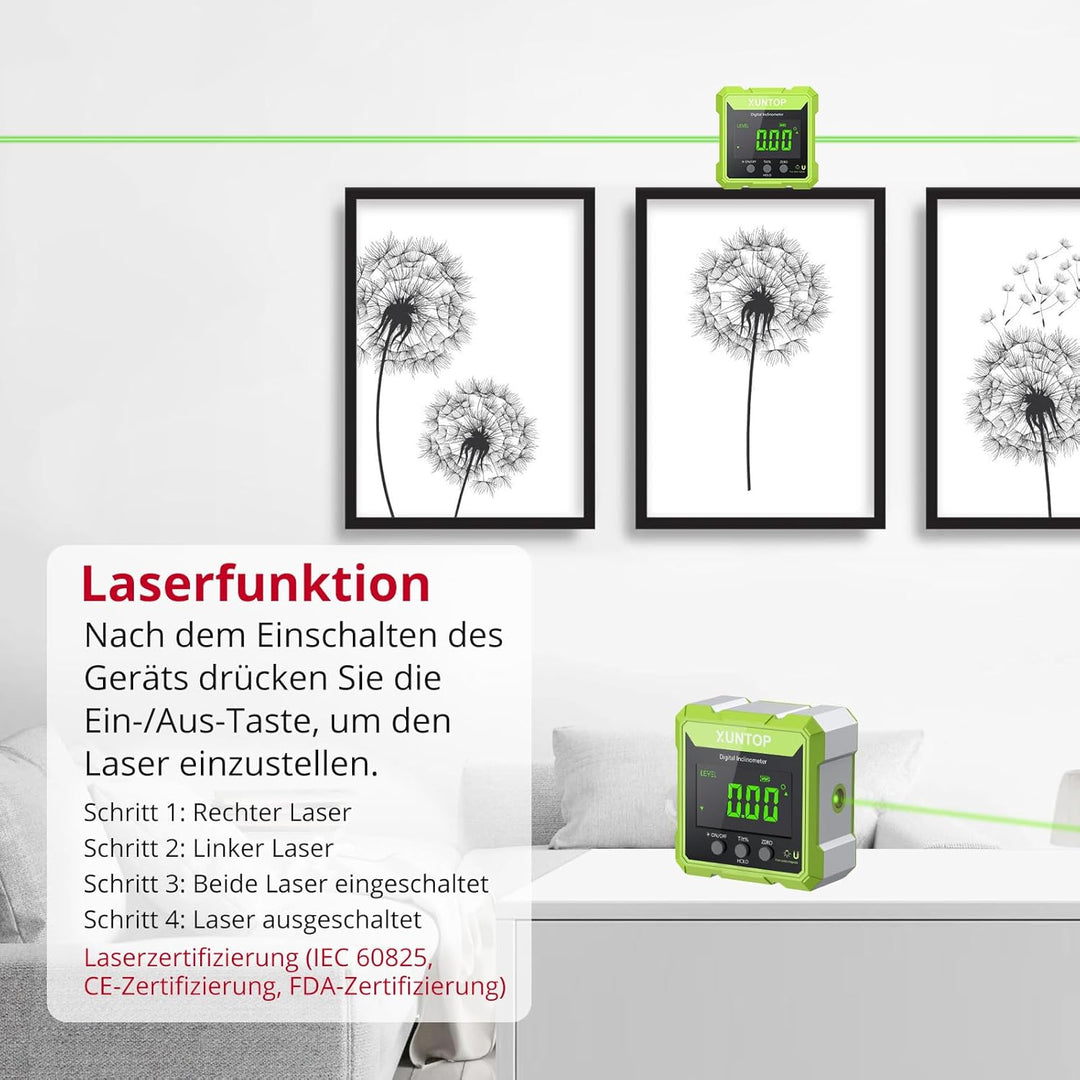 XUNTOP Digitaler Winkelmesser Neigungsmesser Grün Laser Wasserwaage mit LCD Display, Type-C Schnitts