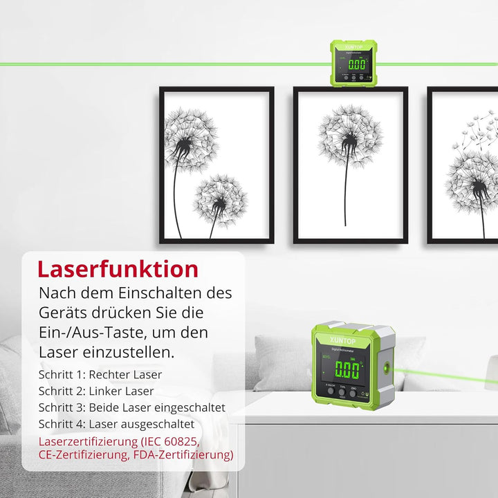 XUNTOP Digitaler Winkelmesser Neigungsmesser Grün Laser Wasserwaage mit LCD Display, Type-C Schnitts