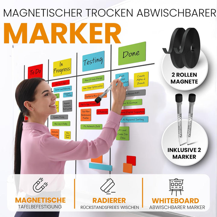 ATWAM - 416 Beschreibbare Magnete & Zubehör MEGA Set - Scrum & Kanban - Magnetstreifen Beschreibbar