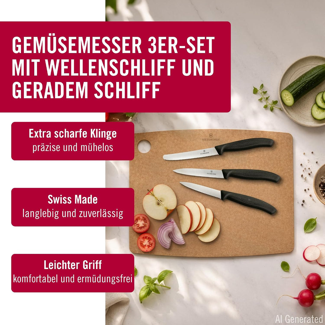 Victorinox Swiss Classic Küchenmesser Set, 3teilig, Gemüse-, Tomaten- und Frühstücksmesser, Rostfrei