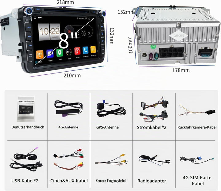 QIIKEN 8" 4G+64G Android 13 Autoradio mit Navi für VW T5 Golf 5 6 Polo Sharan Seat Passat Tiguän, Do