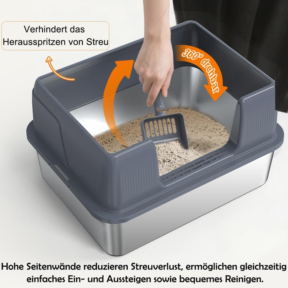 SZEE Kleine Edelstahl Katzenklo Quer für Kätzchen, Seiteneinstieg Katzentoilette aus Edelstahl, Leic