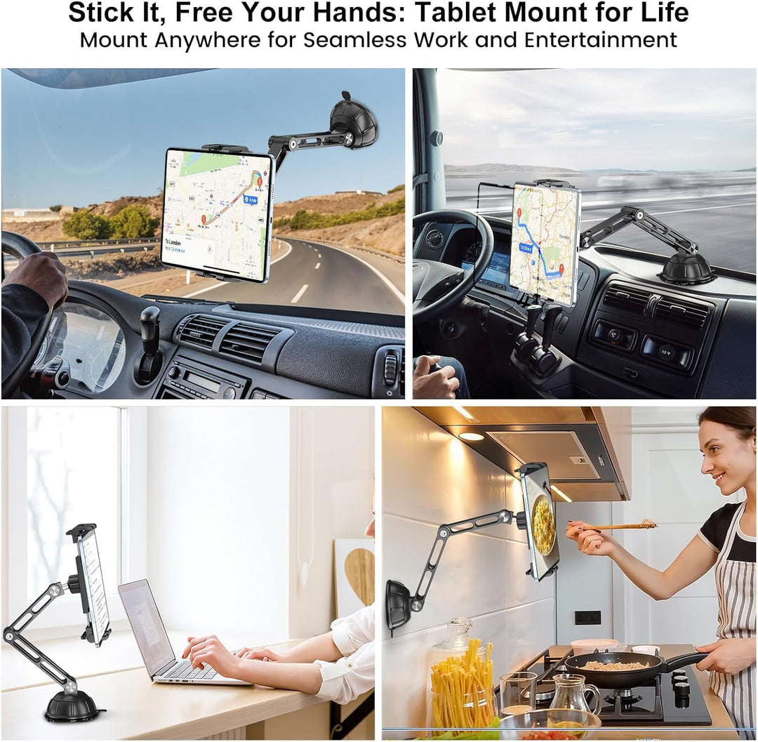 PLDHPRO Tablet Halterung Auto Vorne, Aluminium Arm iPad Halterung Saugnapf, Verstellbare Tablethalte