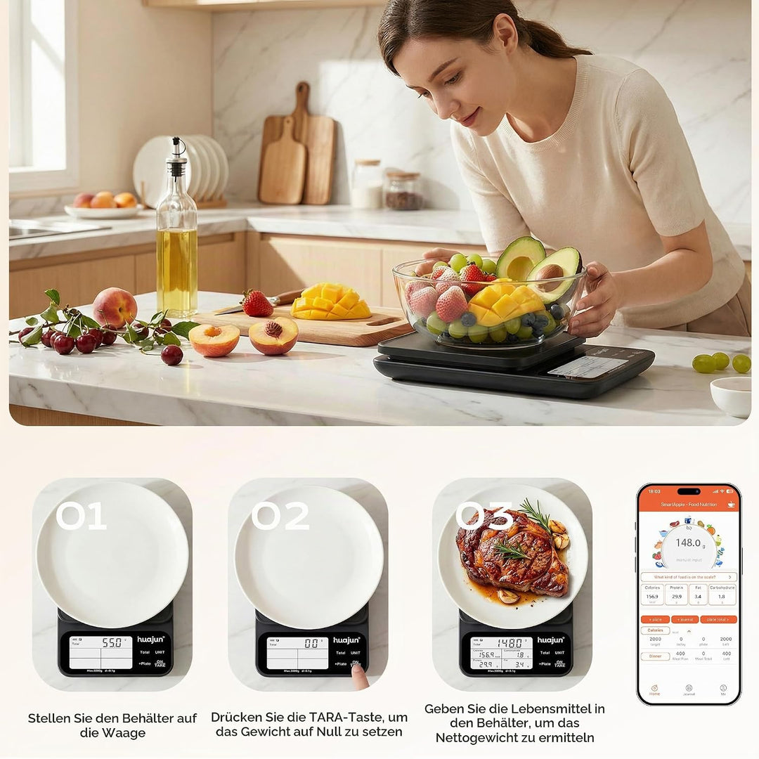 Küchenwaage Digital mit Nährwertberechnung, 5kg/0,1g Küchenwaage Bluetooth mit Kalorienzähler, App S