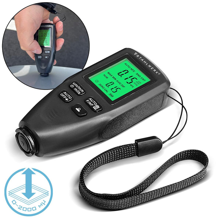 STAHLWERK Schichtdickenmessgerät – Kompakter Lackdickenprüfer 0-2000 µm für KFZ und Materialprüfung,