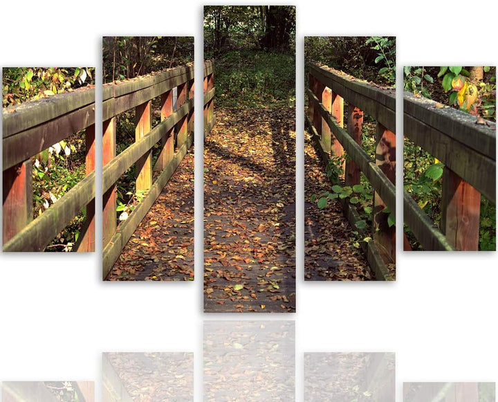 Feeby Wandbild XXL 5 Teilig Landschaft Leinwandbild Brücke Wald Natur bunt 300x140 cm Leinwandbild 3