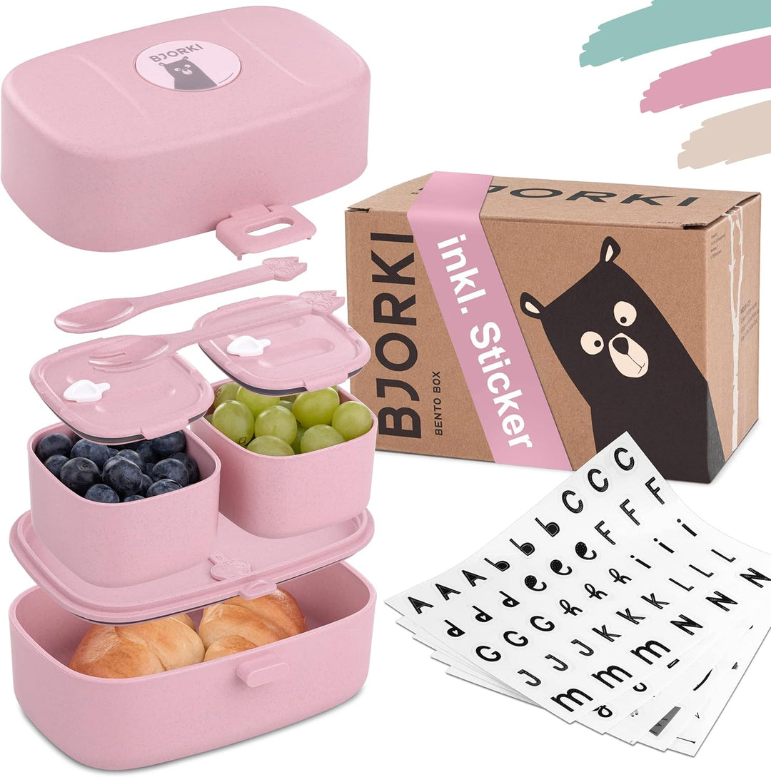 BJORKI® Bento Box für Kinder inkl. BONUS Namensticker - Auslaufsichere Lunchbox mit Fächern - Nachha