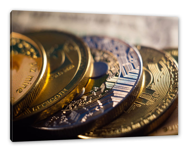 Pixxprint goldene Bitcoins BTC als Leinwandbild | Grösse: 120x80 cm | Wandbild | Kunstdruck | fertig