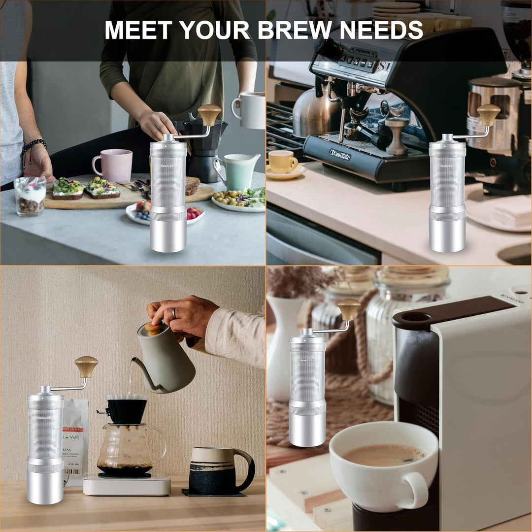 M7 Manuelle Kaffeemühle, scharfer Heptagona-Fräser, Walnuss-Griff, 48 Einstellungen, dreilagiger Kaf