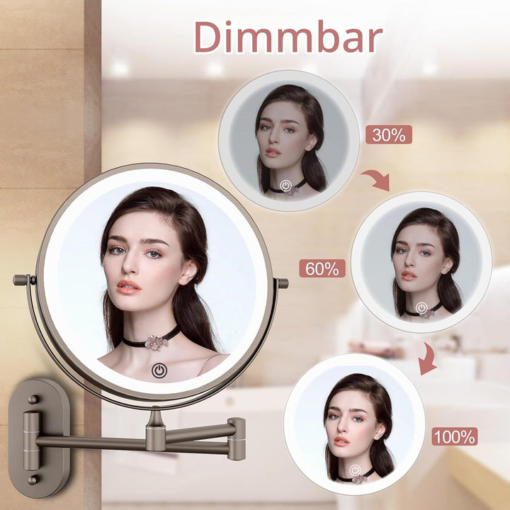 FUNTOUCH Wiederaufladbar Kosmetikspiegel mit 1X/ 10X Vergrösserung, Dimmbarer Rasierspiegel 3 Farben