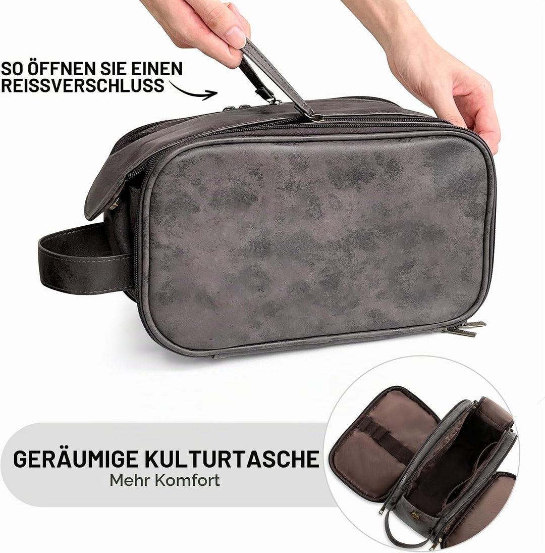 Elviros Kulturbeutel Herren, Geschenke für Männer, PU-Leder Wasserdicht Reise Grosse Öffnung Kulturb
