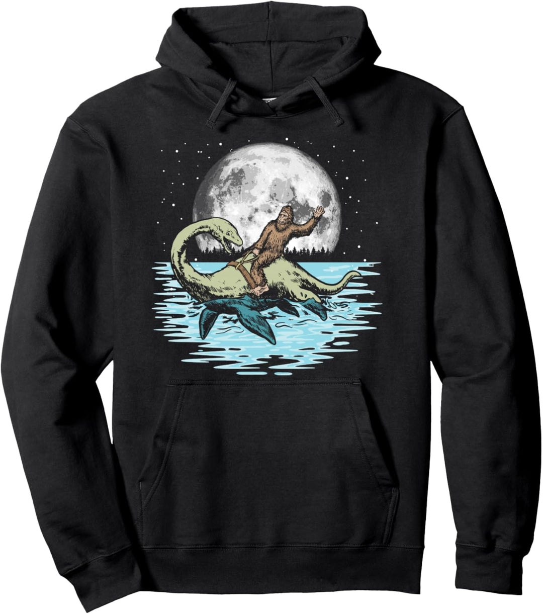 Funny Bigfoot Riding Nessie Loch Ness Monster & Full Moon Pullover Hoodie
