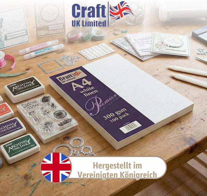 Craft UK W123, recycelter Leinen-Karton, 300 g/m², weiss, 100 Blatt. Weisser Leinen-Karton, 300 g/m²