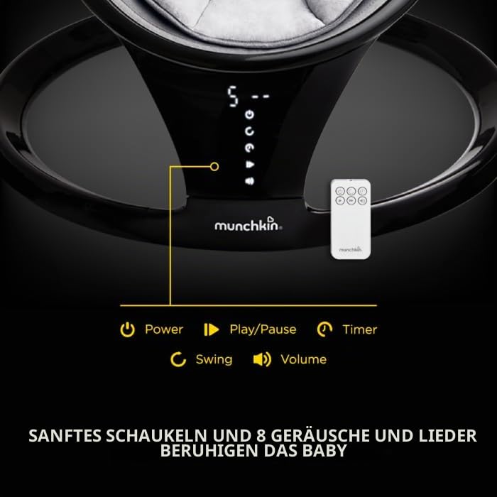 Munchkin Bluetooth-fähige, leichte Babywippe/Babyschaukel mit natürlicher Schaukelbewegung in 5 Bewe